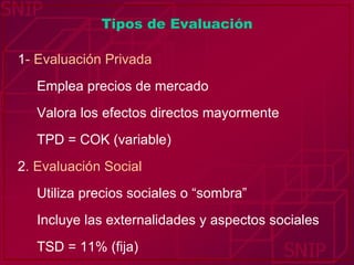 Tipos de Evaluación 1 - Evaluación Privada Emplea precios de mercado Valora los efectos directos mayormente TPD = COK (variable) 2 . Evaluación Social Utiliza precios sociales o “sombra” Incluye las externalidades y aspectos sociales TSD = 11% (fija) 