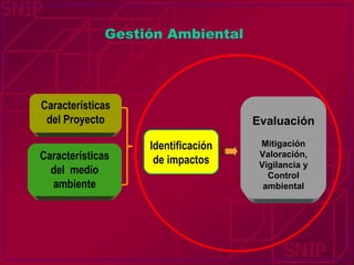 Gestión Ambiental Características del Proyecto Características del  medio ambiente Identificación de impactos Evaluación Mitigación Valoración, Vigilancia y Control ambiental 