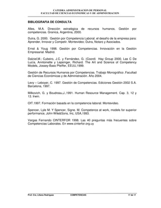 CATEDRA ADMINISTRACION DE PERSONAL
FACULTAD DE CIENCIAS ECONOMICAS Y DE ADMINISTRACION
Prof. Cra. Liliana Rodriguez COMPETENCIAS 17 de 17
BIBLIOGRAFIA DE CONSULTA
Alles, M.A. Dirección estratégica de recursos humanos. Gestión por
competencias. Granica, Argentina, 2000.
Dutra, G. 2000. Gestión por Competencia Laboral, el desafío de la empresa para:
Aprender, Innovar y Competir. Montevideo; Dutra, Notaro y Asociados.
Ernst & Youg 1998. Gestión por Competencias. Innovación en la Gestión
Empresarial. Madrid.
Dalziel,M.; Cubeiro, J.C. y Fernández, G. (Coord) Hay Group 2000. Las C De
Lucía, Anntoinette y Lepsinger, Richard. The Art and Science of Competency
Models, Jossey-Bass Pfeiffer, EEUU,1999.
Gestión de Recursos Humanos por Competencias. Trabajo Monográfico .Facultad
de Ciencias Económicas y de Administración. Año 2004.
Levy – Leboyer, C. 1997. Gestión de Competencias. Ediciones Gestión 2002 S.A.
Barcelona, 1997.
Milkovich, G. y Boudreau,J.,1991. Human Resource Management. Cap. 3, 12 y
13. Irwin.
OIT.1997. Formación basada en la competencia laboral. Montevideo.
Spencer, Lyle M. Y Spencer, Signe. M. Competence at work, models for superior
performance, John Wile&Sons, Inc, USA,1993.
Vargas Fernando CINTERFOR 1998. Las 40 preguntas más frecuentes sobre
Competencias Laborales. En www.cinterfor.org.uy
 