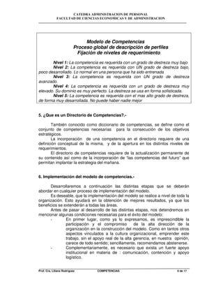 CATEDRA ADMINISTRACION DE PERSONAL
FACULTAD DE CIENCIAS ECONOMICAS Y DE ADMINISTRACION
Prof. Cra. Liliana Rodriguez COMPETENCIAS 6 de 17
Modelo de Competencias
Proceso global de descripción de perfiles
Fijación de niveles de requerimiento
Nivel 1: La competencia es requerida con un grado de destreza muy bajo
Nivel 2: La competencia es requerida con UN grado de destreza bajo,
poco desarrollado. Lo normal en una persona que ha sido entrenada
Nivel 3: La competencia es requerida con UN grado de destreza
avanzado.
Nivel 4: La competencia es requerida con un grado de destreza muy
elevado. Su dominio es muy perfecto. La destreza se usa en forma sofisticada.
Nivel 5: La competencia es requerida con el mas alto grado de destreza,
de forma muy desarrollada. No puede haber nadie mejor
5. ¿Que es un Directorio de Competencias?.-
También conocido como diccionario de competencias, se define como el
conjunto de competencias necesarias para la consecución de los objetivos
estratégicos.
La incorporación de una competencia en el directorio requiere de una
definición conceptual de la misma, y de la apertura en los distintos niveles de
requerimientos.
El directorio de competencias requiere de la actualización permanente de
su contenido así como de la incorporación de “las competencias del futuro” que
permitan implantar la estrategia del mañana.
6. Implementación del modelo de competencias.-
Desarrollaremos a continuación las distintas etapas que se deberán
abordar en cualquier proceso de implementación del modelo.
Es deseable, que la implementación del modelo se realice a nivel de toda la
organización. Esto ayudará en la obtención de mejores resultados, ya que los
beneficios se extenderán a todas las áreas.
Antes de pasar al desarrollo de las distintas etapas, nos detendremos en
mencionar algunas condiciones necesarias para el éxito del modelo:
- En primer lugar, como ya lo expresamos, es imprescindible la
participación y el compromiso de la alta dirección de la
organización en la construcción del modelo. Como en tantos otros
aspectos vinculados a la cultura organizacional, emprender este
trabajo, sin el apoyo real de la alta gerencia, en nuestra opinión,
carece de todo sentido; sencillamente, recomendamos abstenerse.
- Complementariamente, es necesario que exista un fuerte apoyo
institucional en materia de : comunicación, contención y apoyo
logístico.
 