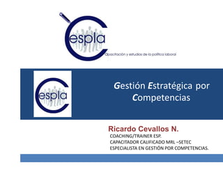 Gestión Estratégica
Competencias
por
Ricardo Cevallos N.
COACHING/TRAINER ESP.
CAPACITADOR CALIFICADO MRL –SETEC
ESPECIALISTA EN GESTIÓN POR COMPETENCIAS.
 