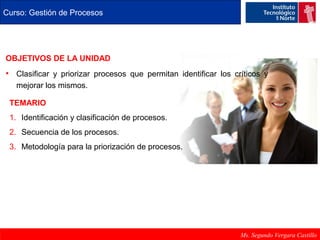 Curso: Gestión de Procesos 
OBJETIVOS DE LA UNIDAD 
• Clasificar y priorizar procesos que permitan identificar los críticos y 
mejorar los mismos. 
TEMARIO 
1. Identificación y clasificación de procesos. 
2. Secuencia de los procesos. 
3. Metodología para la priorización de procesos. 
Ms. Segundo Vergara Castillo 
 