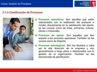Curso: Gestión de Procesos 
3.1.3 Clasificación de Procesos 
a) Procesos operativos: Son aquellos que están 
relacionados con la realización del producto e 
inciden directamente en la satisfacción del cliente, 
se les conoce como de línea, primarios, críticos, 
claves o misionales. 
b) Procesos de apoyo: Son aquellos que dan 
soporte a los procesos operativos. También se les 
conoce como de Soporte. 
c) Procesos estratégicos: Son los llevados a cabo 
por la alta dirección de la empresa y son 
generalmente a largo plazo o relacionados con la 
gestión de la organización. También se les 
denominada de planificación. 
Ms. Segundo Vergara Castillo 
 