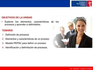 OBJETIVOS DE LA UNIDAD 
• Explorar los elementos, características de los 
procesos y aprender a delimitarlos. 
TEMARIO 
1. Definición de procesos 
2. Elementos y características de un proceso 
3. Modelo PEPSC para definir un proceso 
4. Identificación y delimitación de procesos. 
Ms. Segundo Vergara Castillo 
 