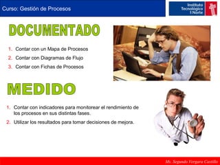 Curso: Gestión de Procesos 
Ms. Segundo Vergara Castillo 
1. Contar con un Mapa de Procesos 
2. Contar con Diagramas de Flujo 
3. Contar con Fichas de Procesos 
1. Contar con indicadores para monitorear el rendimiento de 
los procesos en sus distintas fases. 
2. Utilizar los resultados para tomar decisiones de mejora. 
 