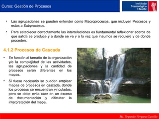 Curso: Gestión de Procesos 
• Las agrupaciones se pueden entender como Macroprocesos, que incluyen Procesos y 
Ms. Segundo Vergara Castillo 
estos a Subprocesos. 
• Para establecer correctamente las interrelaciones es fundamental reflexionar acerca de 
que salida se produce y a donde se va y a la vez que insumos se requiere y de donde 
proceden. 
4.1.2 Procesos de Cascada 
• En función al tamaño de la organización 
y/o la complejidad de las actividades, 
las agrupaciones y la cantidad de 
procesos serán diferentes en los 
mapas. 
• Si fuese necesario se pueden emplear 
mapas de procesos en cascada, donde 
los procesos se encuentran vinculados, 
pero se debe evita caer en un exceso 
de documentación y dificultar la 
interpretación del mapa. 
 