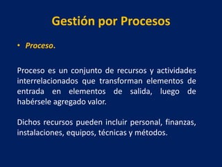 Gestión por Procesos
• Proceso.
Proceso es un conjunto de recursos y actividades
interrelacionados que transforman elementos de
entrada en elementos de salida, luego de
habérsele agregado valor.
Dichos recursos pueden incluir personal, finanzas,
instalaciones, equipos, técnicas y métodos.
 