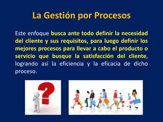 La Gestión por Procesos
Este enfoque busca ante todo definir la necesidad
del cliente y sus requisitos, para luego definir los
mejores procesos para llevar a cabo el producto o
servicio que busque la satisfacción del cliente,
logrando así la eficiencia y la eficacia de dicho
proceso.
 