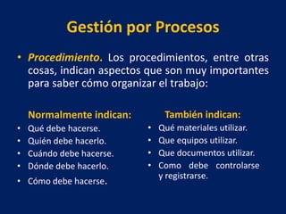Gestión por Procesos
• Procedimiento. Los procedimientos, entre otras
cosas, indican aspectos que son muy importantes
para saber cómo organizar el trabajo:
Normalmente indican:
• Qué debe hacerse.
• Quién debe hacerlo.
• Cuándo debe hacerse.
• Dónde debe hacerlo.
• Cómo debe hacerse.
También indican:
• Qué materiales utilizar.
• Que equipos utilizar.
• Que documentos utilizar.
• Como debe controlarse
y registrarse.
 