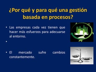 ¿Por qué y para qué una gestión
basada en procesos?
• Las empresas cada vez tienen que
hacer más esfuerzos para adecuarse
al entorno.
•
• El mercado sufre cambios
constantemente.
 