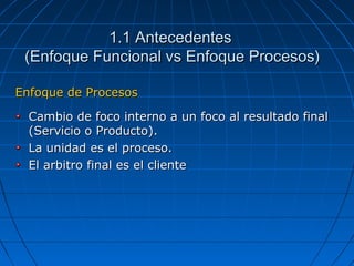 1.1 Antecedentes1.1 Antecedentes
(Enfoque Funcional vs Enfoque Procesos)(Enfoque Funcional vs Enfoque Procesos)
Enfoque de ProcesosEnfoque de Procesos
Cambio de foco interno a un foco al resultado finalCambio de foco interno a un foco al resultado final
(Servicio o Producto).(Servicio o Producto).
La unidad es el proceso.La unidad es el proceso.
El arbitro final es el clienteEl arbitro final es el cliente
 