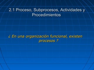 ¿ En una organización funcional, existen¿ En una organización funcional, existen
procesos ?procesos ?
2.1 Proceso, Subprocesos, Actividades y2.1 Proceso, Subprocesos, Actividades y
ProcedimientosProcedimientos
 