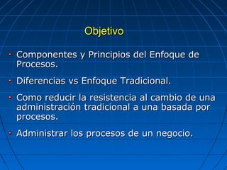 Componentes y Principios del Enfoque deComponentes y Principios del Enfoque de
Procesos.Procesos.
Diferencias vs Enfoque Tradicional.Diferencias vs Enfoque Tradicional.
Como reducir la resistencia al cambio de unaComo reducir la resistencia al cambio de una
administración tradicional a una basada poradministración tradicional a una basada por
procesos.procesos.
Administrar los procesos de un negocio.Administrar los procesos de un negocio.
ObjetivoObjetivo
 