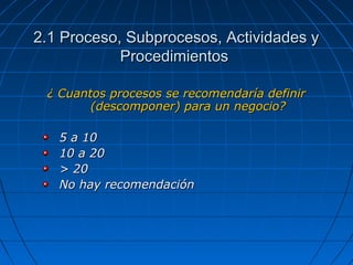 ¿ Cuantos procesos se recomendaría definir¿ Cuantos procesos se recomendaría definir
(descomponer) para un negocio?(descomponer) para un negocio?
5 a 105 a 10
10 a 2010 a 20
> 20> 20
No hay recomendaciónNo hay recomendación
2.1 Proceso, Subprocesos, Actividades y2.1 Proceso, Subprocesos, Actividades y
ProcedimientosProcedimientos
 