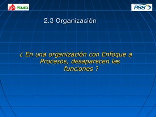 ¿ En una organización con Enfoque a¿ En una organización con Enfoque a
Procesos, desaparecen lasProcesos, desaparecen las
funciones ?funciones ?
2.3 Organización2.3 Organización
 