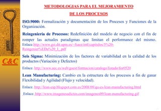 61
METODOLOGIAS PARA EL MEJORAMIENTO
DE LOS PROCESOS
ISO.9000: Formalización y documentación de los Procesos y Funciones de la
Organización.
Reingeniería de Procesos: Redefinición del modelo de negocio con el fin de
romper las actuales paradigmas que limitan el performance del mismo.
Enlace.http://www.gsi.dit.upm.es/~fsaez/intl/capitulos/5%20-
Reingenier%EDa%20_I_.pdf
Seis Sigma: Minimización de los factores de variabilidad en la calidad de los
productos (Variación y Defectos)
Enlace. http://www.aec.es/web/guest/formacion/catalogo/listado/for0520
Lean Manufacturing: Cambio en la estructura de los procesos a fin de ganar
Flexibilidad y Agilidad (Flujo y velocidad).
Enlace. http://lean-esp.blogspot.com.es/2008/09/qu-es-lean-manufacturing.html
Enlace. http://www.imagenesadictos.com/imagenes09/lean-manufacturing.gif
C&C
 
