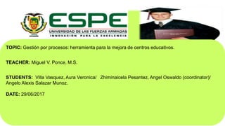 TOPIC: Gestión por procesos: herramienta para la mejora de centros educativos.
TEACHER: Miguel V. Ponce, M.S.
STUDENTS: Villa Vasquez, Aura Veronica/ Zhiminaicela Pesantez, Angel Oswaldo (coordinator)/
Angelo Alexis Salazar Munoz.
DATE: 29/06/2017
 