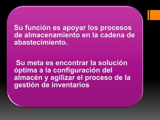 Su función es apoyar los procesos
de almacenamiento en la cadena de
abastecimiento.
Su meta es encontrar la solución
óptima a la configuración del
almacén y agilizar el proceso de la
gestión de inventarios
 