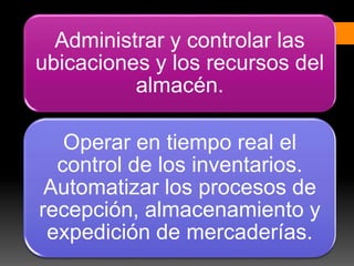 Administrar y controlar las
ubicaciones y los recursos del
almacén.
Operar en tiempo real el
control de los inventarios.
Automatizar los procesos de
recepción, almacenamiento y
expedición de mercaderías.
 