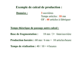 Temps théorique de passage autre calcul :
Base de fragmentation : 18 mn / 3= 6mn/ouvrière
Production horaire : 60 mn / 6 mn = 10 articles/heure
Temps de réalisation : 40 / 10 = 4 heures
Exemple de calcul de production :
Données : 3 ouvrières
Temps articles : 18 mn
OF : 40 articles à fabriquer
 