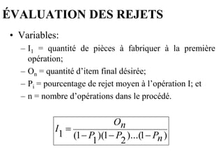 ÉVALUATION DES REJETS
ÉVALUATION DES REJETS
• Variables:
– I1 = quantité de pièces à fabriquer à la première
opération;
– On = quantité d’item final désirée;
– Pi = pourcentage de rejet moyen à l’opération I; et
– n = nombre d’opérations dans le procédé.
)
1
)...(
2
1
)(
1
1
(
1 n
P
P
P
n
O
I




 