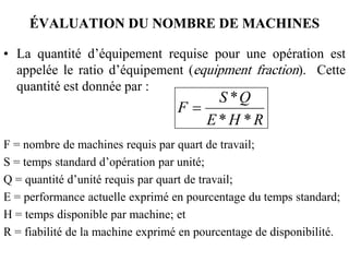 ÉVALUATION DU NOMBRE DE MACHINES
ÉVALUATION DU NOMBRE DE MACHINES
• La quantité d’équipement requise pour une opération est
appelée le ratio d’équipement (equipment fraction). Cette
quantité est donnée par :
R
H
E
Q
S
F
*
*
*

F = nombre de machines requis par quart de travail;
S = temps standard d’opération par unité;
Q = quantité d’unité requis par quart de travail;
E = performance actuelle exprimé en pourcentage du temps standard;
H = temps disponible par machine; et
R = fiabilité de la machine exprimé en pourcentage de disponibilité.
 