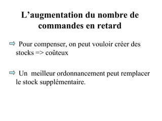 L’augmentation du nombre de
commandes en retard
Pour compenser, on peut vouloir créer des
stocks => coûteux
Un meilleur ordonnancement peut remplacer
le stock supplémentaire.
 