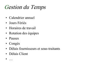 Gestion du Temps
• Calendrier annuel
• Jours Fériés
• Horaires de travail
• Rotation des équipes
• Pauses
• Congés
• Délais fournisseurs et sous-traitants
• Délais Client
• …
 