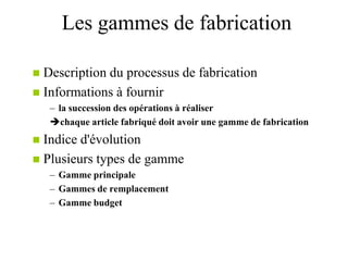 Les gammes de fabrication
 Description du processus de fabrication
 Informations à fournir
– la succession des opérations à réaliser
chaque article fabriqué doit avoir une gamme de fabrication
 Indice d'évolution
 Plusieurs types de gamme
– Gamme principale
– Gammes de remplacement
– Gamme budget
 