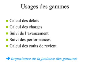 Usages des gammes
 Calcul des délais
 Calcul des charges
 Suivi de l’avancement
 Suivi des performances
 Calcul des coûts de revient
Importance de la justesse des gammes
 