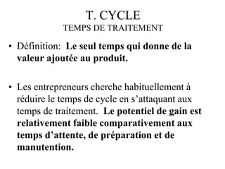 T. CYCLE
T. CYCLE
TEMPS DE TRAITEMENT
TEMPS DE TRAITEMENT
• Définition: Le seul temps qui donne de la
valeur ajoutée au produit.
• Les entrepreneurs cherche habituellement à
réduire le temps de cycle en s’attaquant aux
temps de traitement. Le potentiel de gain est
relativement faible comparativement aux
temps d’attente, de préparation et de
manutention.
 