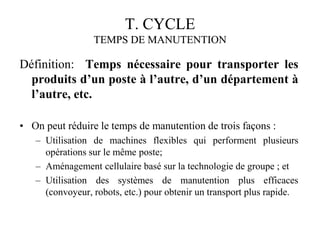 T. CYCLE
T. CYCLE
TEMPS DE MANUTENTION
TEMPS DE MANUTENTION
Définition: Temps nécessaire pour transporter les
produits d’un poste à l’autre, d’un département à
l’autre, etc.
• On peut réduire le temps de manutention de trois façons :
– Utilisation de machines flexibles qui performent plusieurs
opérations sur le même poste;
– Aménagement cellulaire basé sur la technologie de groupe ; et
– Utilisation des systèmes de manutention plus efficaces
(convoyeur, robots, etc.) pour obtenir un transport plus rapide.
 