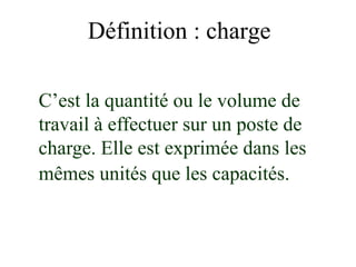 Définition : charge
C’est la quantité ou le volume de
travail à effectuer sur un poste de
charge. Elle est exprimée dans les
mêmes unités que les capacités.
 