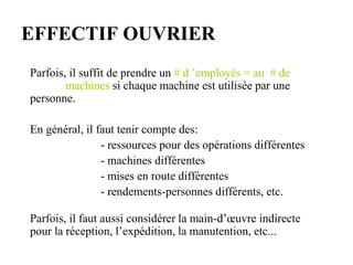 EFFECTIF OUVRIER
Parfois, il suffit de prendre un # d ’employés = au # de
machines si chaque machine est utilisée par une
personne.
En général, il faut tenir compte des:
- ressources pour des opérations différentes
- machines différentes
- mises en route différentes
- rendements-personnes différents, etc.
Parfois, il faut aussi considérer la main-d’œuvre indirecte
pour la réception, l’expédition, la manutention, etc...
 