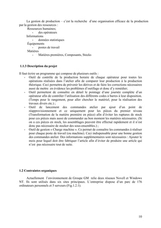 10
La gestion de production – c’est la recherche d’une organisation efficace de la production
par la gestion des ressources :
Ressources humaines;
- des opérateurs
Informations
- données statistiques
Équipements
- postes de travail
Matières
- Matières premières, Composants, Stocks
1.1.3 Description du projet
Il faut écrire un programme qui compose de plusieurs outils :
- Outil de contrôle de la production horaire de chaque opérateur pour toutes les
opérations réalisées dans l’atelier afin de comparer leur production à la production
théorique. Ceci permettra de prévenir les dérives et de faire les corrections nécessaires
aussi de mettre en évidence les problèmes d’outillage et donc d’y remédier;
- Outil permettent de connaître en détail le pointage d’une journée complète d’un
opérateur afin de contrôler l’utilisation des différents codes à barres à leur disposition.
(Temps pour le rangement, pour aller chercher le matériel, pour la réalisation des
travaux divers etc.) ;
- Outil de lancement des commandes atelier par ajout d’un point de
réapprovisionnement et ce uniquement pour les pièces du premier niveau
(Transformation de la matière première en pièce) afin d’éviter les ruptures de stock
pour ces pièces mais aussi de commander au bon moment les matières nécessaires. (Si
on a ces pièces en stock, les assemblages peuvent être effectué rapidement et il n’est
donc pas nécessaire de stocker des sous-ensembles.) ;
- Outil de gestion « Charge machine ». Ce permet de connaître les commandes à réaliser
pour chaque poste de travail (ou machine). Ceci indispensable pour une bonne gestion
des commandes atelier. Des informations supplémentaires sont nécessaires : Ajouter le
mois pour lequel doit être fabriquer l’article afin d’éviter de produire une article qui
n’est pas nécessaire tout de suite.
1.2 Contraintes organiques
Actuellement l’environnement de Groupe GM relie deux réseaux Novell et Windows
NT. Ils sont utilisés dans six sites principaux. L’entreprise dispose d’un parc de 176
ordinateurs personnels et 5 serveurs (Fig.1.2.1).
 