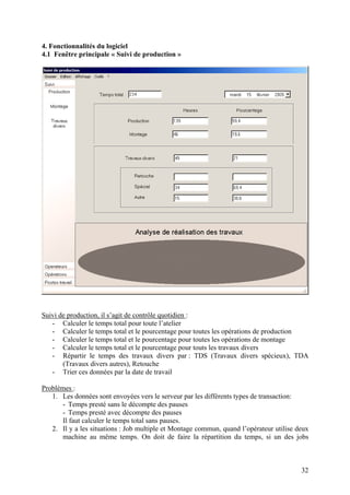 32
4. Fonctionnalités du logiciel
4.1 Fenêtre principale « Suivi de production »
Suivi de production, il s’agit de contrôle quotidien :
- Calculer le temps total pour toute l’atelier
- Calculer le temps total et le pourcentage pour toutes les opérations de production
- Calculer le temps total et le pourcentage pour toutes les opérations de montage
- Calculer le temps total et le pourcentage pour touts les travaux divers
- Répartir le temps des travaux divers par : TDS (Travaux divers spécieux), TDA
(Travaux divers autres), Retouche
- Trier ces données par la date de travail
Problèmes :
1. Les données sont envoyées vers le serveur par les différents types de transaction:
- Temps presté sans le décompte des pauses
- Temps presté avec décompte des pauses
Il faut calculer le temps total sans pauses.
2. Il y a les situations : Job multiple et Montage commun, quand l’opérateur utilise deux
machine au même temps. On doit de faire la répartition du temps, si un des jobs
 