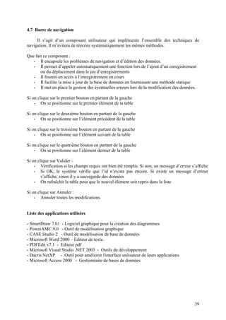 39
4.7 Barre de navigation
Il s’agit d’un composant utilisateur qui implémente l’ensemble des techniques de
navigation. Il m’évitera de réécrire systématiquement les mêmes méthodes.
Que fait ce composant :
- Il encapsule les problèmes de navigation et d’édition des données.
- Il permet d’appeler automatiquement une fonction lors de l’ajout d’un enregistrement
ou du déplacement dans le jeu d’enregistrements
- Il fournit un accès à l’enregistrement en cours
- Il facilite la mise à jour de la base de données en fournissant une méthode statique
- Il met en place la gestion des éventuelles erreurs lors de la modification des données.
Si on clique sur le premier bouton en partant de la gauche
- On se positionne sur le premier élément de la table
Si on clique sur le deuxième bouton en partant de la gauche
- On se positionne sur l’élément précèdent de la table
Si on clique sur le troisième bouton en partant de la gauche
- On se positionne sur l’élément suivant de la table
Si on clique sur le quatrième bouton en partant de la gauche
- On se positionne sur l’élément dernier de la table
Si on clique sur Valider :
- Vérification si les champs requis ont bien été remplis. Si non, un message d’erreur s’affiche
- Si OK, le système vérifie que l’id n’existe pas encore. Si existe un message d’erreur
s’affiche, sinon il y a sauvegarde des données
- On rafraîchit la table pour que le nouvel élément soit repris dans la liste
Si on clique sur Annuler :
- Annuler toutes les modifications
Liste des applications utilisées
- SmartDraw 7.01 - Logiciel graphique pour la création des diagrammes
- PowerAMC 9.0 - Outil de modélisation graphique
- CASE Studio 2 - Outil de modélisation de base de données
- Microsoft Word 2000 – Editeur de texte
- PDFEdit v7.1 - Editeur pdf
- Microsoft Visual Studio .NET 2003 - Outils de développement
- Dacris NetXP - Outil pour améliorer l'interface utilisateur de leurs applications
- Microsoft Access 2000 - Gestionnaire de bases de données
 