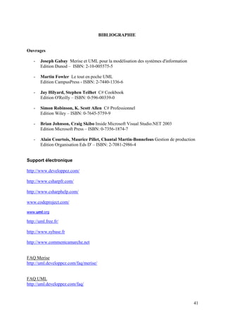 41
BIBLIOGRAPHIE
Ouvrages
- Joseph Gabay Merise et UML pour la modélisation des systèmes d'information
Edition Dunod – ISBN: 2-10-005575-5
- Martin Fowler Le tout en poche UML
Edition CampusPress - ISBN: 2-7440-1336-6
- Jay Hilyard, Stephen Teilhet C# Cookbook
Edition O'Reilly – ISBN: 0-596-00339-0
- Simon Robinson, K. Scott Allen C# Professionnel
Edition Wiley – ISBN: 0-7645-5759-9
- Brian Johnson, Craig Skibo Inside Microsoft Visual Studio.NET 2003
Edition Microsoft Press – ISBN: 0-7356-1874-7
- Alain Courtois, Maurice Pillet, Chantal Martin-Bonnefous Gestion de production
Edition Organisation Eds D' – ISBN: 2-7081-2986-4
Support électronique
http://www.developpez.com/
http://www.csharpfr.com/
http://www.csharphelp.com/
www.codeproject.com/
www.uml.org
http://uml.free.fr/
http://www.sybase.fr
http://www.commentcamarche.net
FAQ Merise
http://uml.developpez.com/faq/merise/
FAQ UML
http://uml.developpez.com/faq/
 