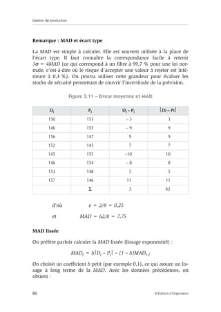 Gestion de production
86 © Éditions d’Organisation
Remarque : MAD et écart type
La MAD est simple à calculer. Elle est souvent utilisée à la place de
l’écart type. Il faut connaître la correspondance facile à retenir
3σ = 4MAD (ce qui correspond à un ﬁltre à 99,7 % pour une loi nor-
male, c’est-à-dire où le risque d’accepter une valeur à rejeter est infé-
rieure à 0,3 %). On pourra utiliser cette grandeur pour évaluer les
stocks de sécurité permettant de couvrir l’incertitude de la prévision.
Figure 3.11 – Erreur moyenne et MAD
d’où e = 2/8 = 0,25
et MAD = 62/8 = 7,75
MAD lissée
On préfère parfois calculer la MAD lissée (lissage exponentiel) :
MADi = bDi – Pi – (1 – b)MADi-1
On choisit un coefﬁcient b petit (par exemple 0,1), ce qui assure un lis-
sage à long terme de la MAD. Avec les données précédentes, on
obtient :
Di Pi Di – Pi Di – Pi
150 153 – 3 3
146 155 – 9 9
156 147 9 9
152 145 7 7
145 155 –10 10
146 154 – 8 8
153 148 5 5
157 146 11 11
Σ 2 62
 