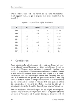 Gestion de production
88 © Éditions d’Organisation
tête du tableau. C’est tout à fait normal car les écarts étaient initiale-
ment supposés nuls... ce qui correspond bien à une modiﬁcation du
modèle !
Figure 3.13 – Calcul du signal d’alerte Ai
4. Conclusion
Nous n’avons nulle intention dans cet ouvrage de donner un pano-
rama exhaustif des méthodes de prévision, mais bien de fournir un
aperçu des différents types de méthodes. Les méthodes classiques sont
rapides et peu coûteuses. Elles donnent des informations intéressantes
à court terme mais moins ﬁables dès qu’on s’éloigne dans le temps.
Les modèles plus complexes et plus récents sont beaucoup plus coû-
teux mais fournissent en général des prévisions valables à plus long
terme. Il reste du ressort de chaque entreprise de choisir la méthode
qui lui conviendra en fonction de l’objectif ﬁxé, ainsi que des critères
de données et de coûts décrits en début de chapitre. De même, il lui
appartiendra de vériﬁer la validité du modèle au moyen d’indicateurs.
Tous les modèles de prévision évoqués ont été intégrés à des logiciels.
Certains progiciels comportent plusieurs méthodes et proposent même
un choix à l’utilisateur s’il le désire. Soulignons toutefois qu’il est
Di Pi Di – Pi Σ (Di – Pi) Ai
150 153 – 3 – 3 – 10,0
146 155 – 9 – 12 – 10,2
156 147 9 – 3 – 1,5
152 145 7 4 1,6
145 155 – 10 – 6 – 1,9
146 154 – 8 – 14 – 3,8
153 148 5 – 9 – 2,4
157 146 11 2 0,4
 