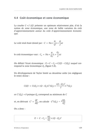 La gestion des stocks traditionnelle
139© Éditions d’Organisation
4.4 Coût économique et zone économique
La courbe C = f (Q) présente un optimum relativement plat, d’où la
notion de zone économique, une zone de faible variation du coût
d’approvisionnement autour du coût d’approvisionnement économi-
que.
Le coût total étant donné par :
le coût économique vaut :
On déﬁnit l’écart économique : E = C – Ce = C(Q) – C(Qe) auquel cor-
respond la zone économique Ze (ﬁgure 5.8).
Un développement de Taylor limité au deuxième ordre (en négligeant
le reste) donne :
or C’(Qe) = 0 puisque Qe correspond au minimum de C
et, en dérivant , on calcule
On a donc :
C Na
N
Q
-----L
Q
2
-----at++=
Ce Na
N
Qe
-------L
Qe
2
-------at++=
C(Q) C Qe( ) Q Qe–( )C′ Qe( )
Q Qe–( )2
2
----------------------------C″ Qe( )+ +=
C′
∂C
∂Q
---------= C″ Qe( ) 2NL
Qe
3
-------=
E C Ce
NL
Qe
3
------- Q Qe–( )2×=–=
 