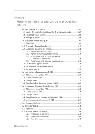 XVII© Éditions d’Organisation
Chapitre 7
Management des ressources de la production
(MRP2)
1. Gestion des stocks et MRP2 ................................................................................................... 205
1.1 Limites des méthodes traditionnelles de gestion des stocks.................... 205
1.2 Schéma global de MRP2.................................................................................................... 206
1.3 Principe d’Orlicky.................................................................................................................. 208
2. Le calcul des besoins nets (CBN) ...................................................................................... 209
2.1 Généralités.................................................................................................................................. 209
2.2 Échéancier du calcul des besoins ............................................................................... 210
2.3 Mécanisme du calcul des besoins............................................................................... 212
2.3.1 Logique du calcul des besoins ............................................................................ 212
2.3.2 Premier exemple de calcul des besoins .......................................................... 214
2.3.3 Deuxième exemple de calcul des besoins
(2 composés, 1 composant) ................................................................................. 218
2.3.4 Troisième exemple (règle du plus bas niveau) ......................................... 219
2.4 Les différents types d’ordres.......................................................................................... 221
2.5 Les messages du calcul des besoins.......................................................................... 222
2.6 Stocks de sécurité .................................................................................................................. 223
3. Le plan industriel et commercial (PIC) ........................................................................ 224
3.1 Définition et objectif du PIC........................................................................................... 224
3.2 Établissement du PIC........................................................................................................... 225
3.3 Exemple de PIC ....................................................................................................................... 227
3.4 Calcul global de charge au niveau du PIC............................................................ 229
4. Le programme directeur de production (PDP) ....................................................... 232
4.1 Définition et objectif du PDP......................................................................................... 232
4.2 L’échéancier du PDP............................................................................................................ 233
4.3 Exemple de PDP...................................................................................................................... 236
4.4 Calcul des charges globales et réalisme du PDP.............................................. 238
4.5 La mesure des performances du PDP...................................................................... 239
5. Les charges détaillées ................................................................................................................. 239
6. La gestion d’atelier ........................................................................................................................ 242
6.1 Définition..................................................................................................................................... 242
6.2 Activités lors de l’exécution............................................................................................ 243
6.2.1 Vérification et lancement ...................................................................................... 243
6.2.2 Programmation détaillée ....................................................................................... 243
6.2.3 Suivi de production .................................................................................................. 245
 