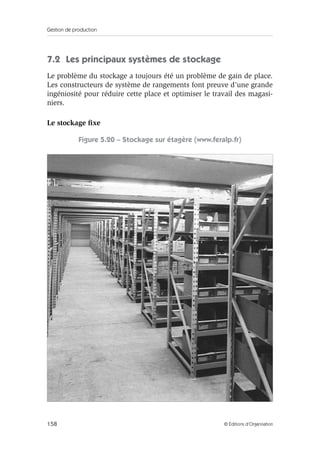 Gestion de production
158 © Éditions d’Organisation
7.2 Les principaux systèmes de stockage
Le problème du stockage a toujours été un problème de gain de place.
Les constructeurs de système de rangements font preuve d’une grande
ingéniosité pour réduire cette place et optimiser le travail des magasi-
niers.
Le stockage ﬁxe
Figure 5.20 – Stockage sur étagère (www.feralp.fr)
 