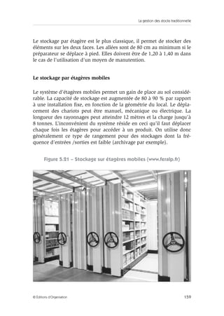 La gestion des stocks traditionnelle
159© Éditions d’Organisation
Le stockage par étagère est le plus classique, il permet de stocker des
éléments sur les deux faces. Les allées sont de 80 cm au minimum si le
préparateur se déplace à pied. Elles doivent être de 1,20 à 1,40 m dans
le cas de l’utilisation d’un moyen de manutention.
Le stockage par étagères mobiles
Le système d’étagères mobiles permet un gain de place au sol considé-
rable. La capacité de stockage est augmentée de 80 à 90 % par rapport
à une installation ﬁxe, en fonction de la géométrie du local. Le dépla-
cement des chariots peut être manuel, mécanique ou électrique. La
longueur des rayonnages peut atteindre 12 mètres et la charge jusqu’à
8 tonnes. L’inconvénient du système réside en ceci qu’il faut déplacer
chaque fois les étagères pour accéder à un produit. On utilise donc
généralement ce type de rangement pour des stockages dont la fré-
quence d’entrées /sorties est faible (archivage par exemple).
Figure 5.21 – Stockage sur étagères mobiles (www.feralp.fr)
 