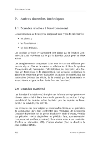 Gestion de production
200 © Éditions d’Organisation
9. Autres données techniques
9.1 Données relatives à l’environnement
L’environnement de l’entreprise comprend trois types de partenaires :
• les clients ;
• les fournisseurs ;
• les sous-traitants.
Les données de base s’y rapportant sont gérées par la fonction Com-
merciale dans le premier cas et par la fonction Achat pour les deux
autres.
Les enregistrements comportent dans tous les cas une référence per-
mettant d’y accéder et de mettre en relation les ﬁchiers du système
d’information de l’entreprise, l’identiﬁcation du partenaire, des don-
nées de description et de classiﬁcation. Ces dernières concernent la
gestion de production pour l’évaluation qualitative ou quantitative des
partenaires (respect des délais, de la qualité par les fournisseurs et
sous-traitants, exigences des clients dans ces domaines).
9.2 Données d’activité
Les données d’activité sont à l’origine des informations qui génèrent et
pilotent cette activité. Dans le cas de la gestion de production, il s’agit
tout d’abord des données créant l’activité, puis des données de lance-
ment et de suivi de cette activité.
Les premières ont pour origine les commandes clients ou les prévisions
de commandes qu’il faut confronter aux ressources de l’entreprise
(capacité disponible sur les postes machine et main-d’œuvre, ventilée
par périodes, stocks disponibles en produits ﬁnis, sous-ensembles,
composants et matières premières). Il en résulte selon le cas la création
d’ordres de fabrication (OF), d’ordres d’achat (OA) ou d’ordres de
sous-traitance (OST).
 