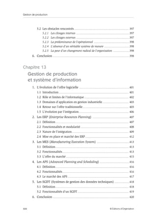 Gestion de production
XXII © Éditions d’Organisation
5.2 Les obstacles rencontrés ................................................................................................... 397
5.2.1 Les clivages internes ................................................................................................ 397
5.2.2 Les clivages externes ................................................................................................ 397
5.2.3 La prédominance de l’opérationnel ................................................................ 398
5.2.4 L’absence d’un véritable système de mesure ............................................. 398
5.2.5 La peur d’un changement radical de l’organisation ............................. 398
6. Conclusion ........................................................................................................................................... 398
Chapitre 13
Gestion de production
et système d’information
1. L’évolution de l’offre logicielle ........................................................................................... 401
1.1 Introduction............................................................................................................................... 401
1.2 Rôle et limites de l’informatique................................................................................. 402
1.3 Domaines d’application en gestion industrielle................................................ 403
1.4 Retour sur l’offre traditionnelle.................................................................................... 403
1.5 L’évolution par l’intégration........................................................................................... 406
2. Les ERP (Enterprise Resources Planning) ................................................................... 407
2.1 Définition..................................................................................................................................... 407
2.2 Fonctionnalités et modularité........................................................................................ 408
2.3 Nature de l’intégration....................................................................................................... 409
2.4 Mise en place et marché des ERP............................................................................... 412
3. Les MES (Manufacturing Execution System) ........................................................... 413
3.1 Définition..................................................................................................................................... 413
3.2 Fonctionnalités......................................................................................................................... 413
3.3 L’offre du marché .................................................................................................................. 415
4. Les APS (Advanced Planning and Scheduling) ...................................................... 416
4.1 Définition..................................................................................................................................... 416
4.2 Fonctionnalités......................................................................................................................... 416
4.3 Le marché des APS............................................................................................................... 417
5. Les SGDT (Systèmes de gestion des données techniques) ........................... 418
5.1 Définition..................................................................................................................................... 418
5.2 Fonctionnalités d’un SGDT............................................................................................. 419
6. Conclusion ........................................................................................................................................... 420
 