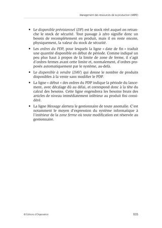 Management des ressources de la production (MRP2)
235© Éditions d’Organisation
• Le disponible prévisionnel (DP) est le stock réel auquel on retran-
che le stock de sécurité. Tout passage à zéro signiﬁe donc un
besoin de recomplètement en produit, mais il en reste encore,
physiquement, la valeur du stock de sécurité.
• Les ordres du PDP, pour lesquels la ligne « date de ﬁn » traduit
une quantité disponible en début de période. Comme indiqué un
peu plus haut à propos de la limite de zone de ferme, il s’agit
d’ordres fermes avant cette limite et, normalement, d’ordres pro-
posés automatiquement par le système, au-delà.
• Le disponible à vendre (DAV) qui donne le nombre de produits
disponibles à la vente sans modiﬁer le PDP.
• La ligne « début » des ordres du PDP indique la période du lance-
ment, avec décalage dû au délai, et correspond donc à la tête du
calcul des besoins. Cette ligne engendrera les besoins bruts des
articles de niveau immédiatement inférieur au produit ﬁni consi-
déré.
• La ligne Message alertera le gestionnaire de toute anomalie. C’est
notamment le moyen d’expression du système informatique à
l’intérieur de la zone ferme où toute modiﬁcation est réservée au
gestionnaire.
 