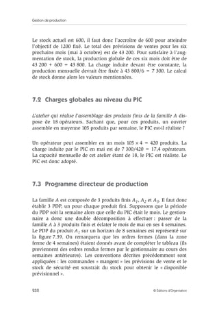 Gestion de production
252 © Éditions d’Organisation
Le stock actuel est 600, il faut donc l’accroître de 600 pour atteindre
l’objectif de 1200 ﬁxé. Le total des prévisions de ventes pour les six
prochains mois (mai à octobre) est de 43 200. Pour satisfaire à l’aug-
mentation de stock, la production globale de ces six mois doit être de
43 200 + 600 = 43 800. La charge induite devant être constante, la
production mensuelle devrait être ﬁxée à 43 800/6 = 7 300. Le calcul
de stock donne alors les valeurs mentionnées.
7.2 Charges globales au niveau du PIC
L’atelier qui réalise l’assemblage des produits ﬁnis de la famille A dis-
pose de 18 opérateurs. Sachant que, pour ces produits, un ouvrier
assemble en moyenne 105 produits par semaine, le PIC est-il réaliste ?
Un opérateur peut assembler en un mois 105 × 4 = 420 produits. La
charge induite par le PIC en mai est de 7 300/420 = 17,4 opérateurs.
La capacité mensuelle de cet atelier étant de 18, le PIC est réaliste. Le
PIC est donc adopté.
7.3 Programme directeur de production
La famille A est composée de 3 produits ﬁnis A1, A2 et A3. Il faut donc
établir 3 PDP, un pour chaque produit ﬁni. Supposons que la période
du PDP soit la semaine alors que celle du PIC était le mois. Le gestion-
naire a donc une double décomposition à effectuer : passer de la
famille A à 3 produits ﬁnis et éclater le mois de mai en ses 4 semaines.
Le PDP du produit A1 sur un horizon de 8 semaines est représenté sur
la ﬁgure 7.39. On remarquera que les ordres fermes (dans la zone
ferme de 4 semaines) étaient donnés avant de compléter le tableau (ils
proviennent des ordres rendus fermes par le gestionnaire au cours des
semaines antérieures). Les conventions décrites précédemment sont
appliquées : les commandes « mangent » les prévisions de vente et le
stock de sécurité est soustrait du stock pour obtenir le « disponible
prévisionnel ».
 