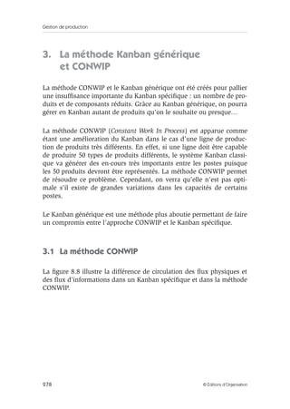 Gestion de production
278 © Éditions d’Organisation
3. La méthode Kanban générique
et CONWIP
La méthode CONWIP et le Kanban générique ont été créés pour pallier
une insufﬁsance importante du Kanban spéciﬁque : un nombre de pro-
duits et de composants réduits. Grâce au Kanban générique, on pourra
gérer en Kanban autant de produits qu’on le souhaite ou presque…
La méthode CONWIP (Constant Work In Process) est apparue comme
étant une amélioration du Kanban dans le cas d’une ligne de produc-
tion de produits très différents. En effet, si une ligne doit être capable
de produire 50 types de produits différents, le système Kanban classi-
que va générer des en-cours très importants entre les postes puisque
les 50 produits devront être représentés. La méthode CONWIP permet
de résoudre ce problème. Cependant, on verra qu’elle n’est pas opti-
male s’il existe de grandes variations dans les capacités de certains
postes.
Le Kanban générique est une méthode plus aboutie permettant de faire
un compromis entre l’approche CONWIP et le Kanban spéciﬁque.
3.1 La méthode CONWIP
La ﬁgure 8.8 illustre la différence de circulation des ﬂux physiques et
des ﬂux d’informations dans un Kanban spéciﬁque et dans la méthode
CONWIP.
 