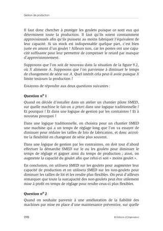 Gestion de production
298 © Éditions d’Organisation
Il faut donc chercher à protéger les goulets puisque ce sont eux qui
déterminent toute la production. Il faut qu’ils soient constamment
approvisionnés aﬁn qu’ils puissent au moins fabriquer l’équivalent de
leur capacité. Si un stock est indispensable quelque part, c’est bien
juste en amont d’un goulet ! Ailleurs non, car les postes ont une capa-
cité sufﬁsante pour leur permettre de compenser le retard par manque
d’approvisionnement.
Supposons que l’on soit de nouveau dans la situation de la ﬁgure 9.2,
où X alimente A. Supposons que l’on parvienne à diminuer le temps
de changement de série sur A. Quel intérêt cela peut-il avoir puisque X
limite toujours la production ?
Essayons de répondre aux deux questions suivantes :
Question no 1
Quand on décide d’installer dans un atelier un chantier pilote SMED,
sur quelle machine le fait-on a priori dans une logique traditionnelle ?
Et pourquoi ? Et dans une logique de gestion par les contraintes ? Et à
nouveau pourquoi ?
Dans une logique traditionnelle, on choisira pour un chantier SMED
une machine qui a un temps de réglage long que l’on va essayer de
diminuer pour réduire les tailles de lots de fabrication, et donc accroî-
tre la ﬂexibilité en changeant de série plus souvent.
Dans une logique de gestion par les contraintes, on doit tout d’abord
effectuer la démarche SMED sur le ou les goulets pour diminuer le
temps de réglage et gagner ainsi du temps de production ; ainsi, on
augmente la capacité du goulet aﬁn que celui-ci soit « moins goulet ».
En conclusion, on utilisera SMED sur les goulets pour augmenter leur
capacité de production et on utilisera SMED sur les non-goulets pour
diminuer les tailles de lot et les rendre plus ﬂexibles. On peut d’ailleurs
remarquer que toute la surcapacité des non-goulets peut être utilement
mise à proﬁt en temps de réglage pour rendre ceux-ci plus ﬂexibles.
Question no 2
Quand on souhaite parvenir à une amélioration de la ﬁabilité des
machines par mise en place d’une maintenance préventive, sur quelle
 